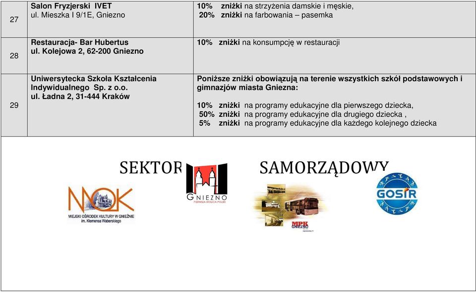 Kolejowa 2, 62-200 Gniezno 10% zniŝki na konsumpcję w restauracji 29 Uniwersytecka Szkoła Kształcenia Indywidualnego Sp. z o.o. ul.