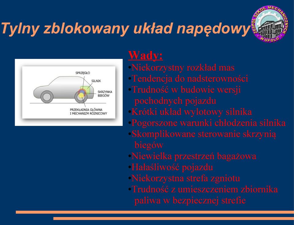 chłodzenia silnika Skomplikowane sterowanie skrzynią biegów Niewielka przestrzeń bagażowa