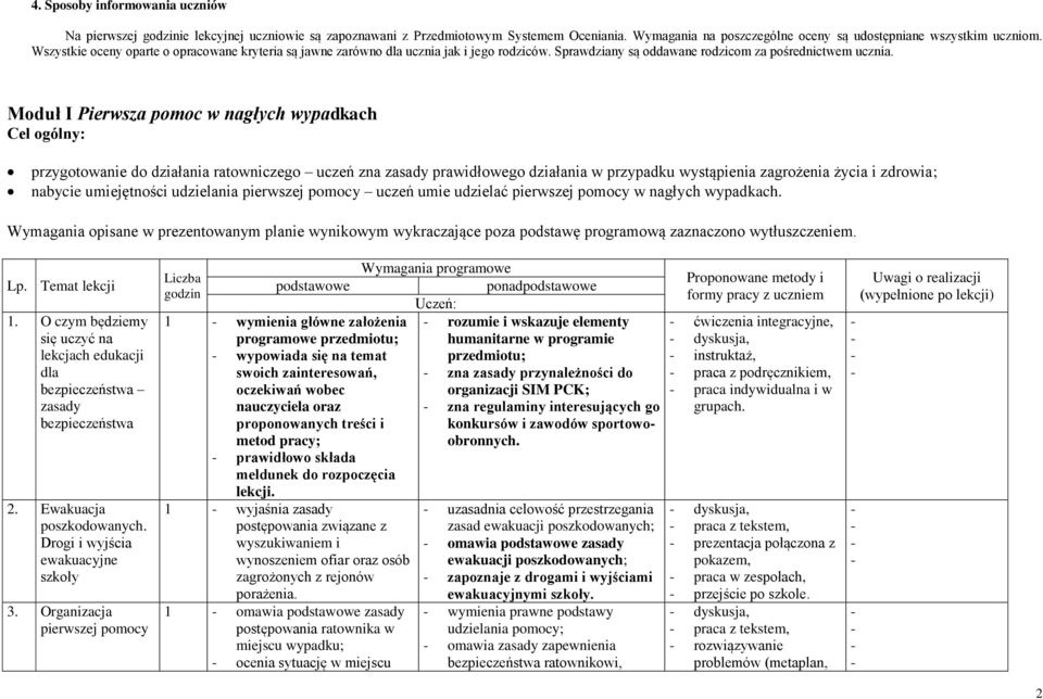 Moduł I Pierwsza pomoc w nagłych wypadkach Cel ogólny: przygotowanie do działania ratowniczego uczeń zna zasady prawidłowego działania w przypadku wystąpienia zagrożenia życia i zdrowia; nabycie