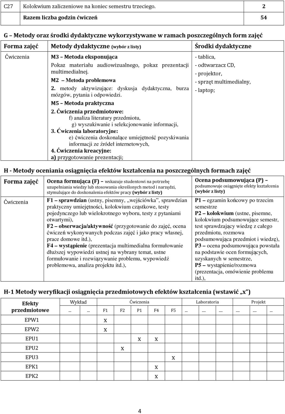 materiału audiowizualnego, pokaz prezentacji multimedialnej. M Metoda problemowa. metody aktywizujące: dyskusja dydaktyczna, burza mózgów, pytania i odpowiedzi. M5 Metoda praktyczna.