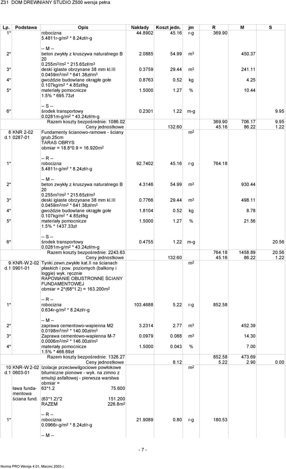 44 6* środek transportowy 0.2301 1.22 m-g 9.95 0.0281m-g/ * 43.24zł/m-g Razem koszty bezpośrednie: 1086.02 369.90 706.17 9.95 8 KNR 2-02 d.1 0287-01 Fundamenty ścianowo-ramowe - ściany grub.