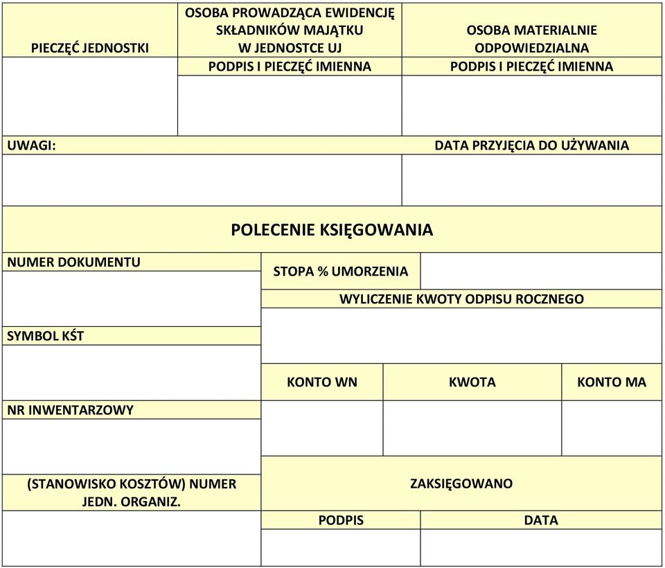 POLECENIE KSIĘGOWANIA NUMER DOKUMENTU STOPA % UMORZENIA WYLICZENIE KWOTY ODPISU ROCZNEGO SYMBOL KŚT