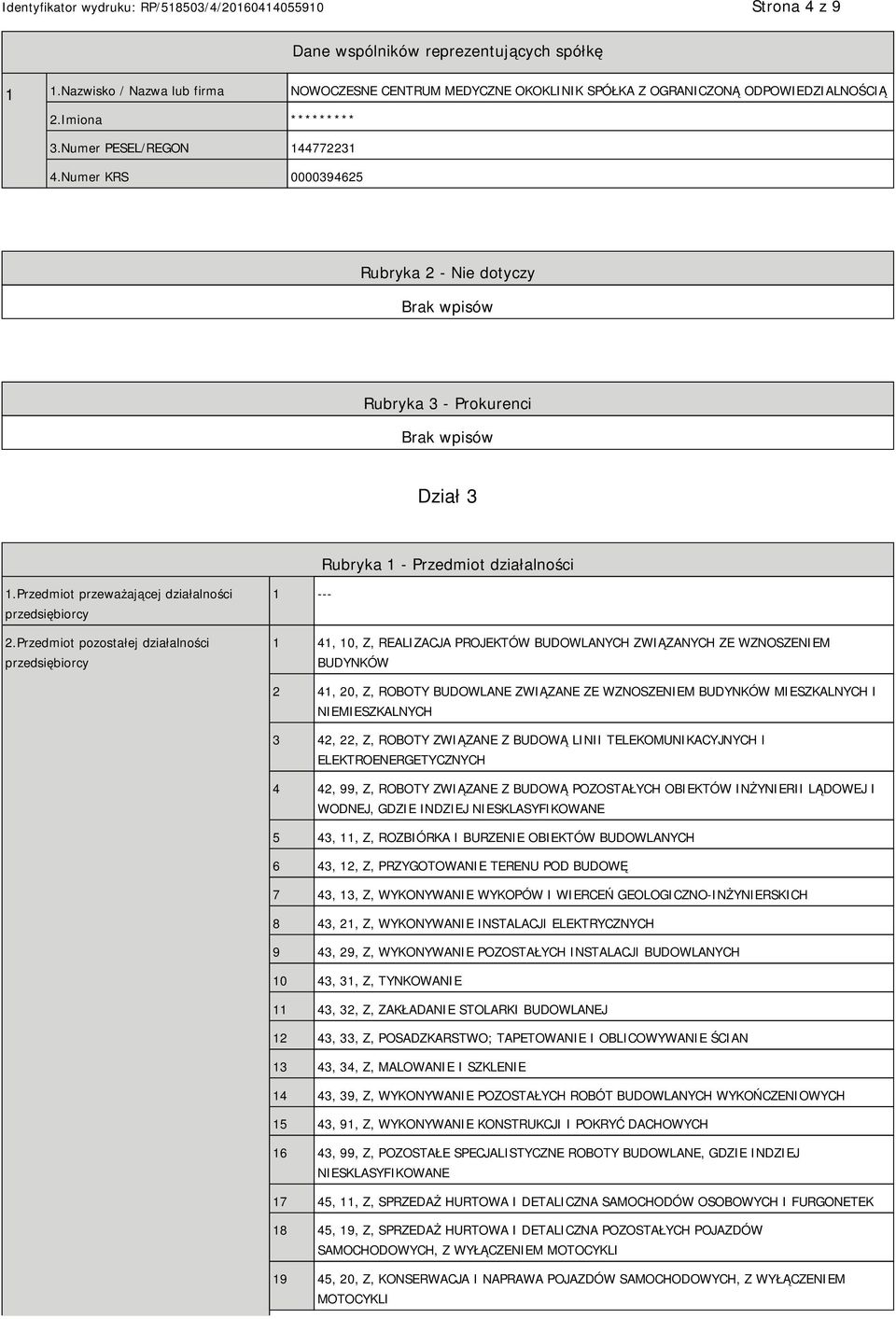 Przedmiot pozostałej działalności przedsiębiorcy 1 --- 1 41, 10, Z, REALIZACJA PROJEKTÓW BUDOWLANYCH ZWIĄZANYCH ZE WZNOSZEM BUDYNKÓW 2 41, 20, Z, ROBOTY BUDOWLANE ZWIĄZANE ZE WZNOSZEM BUDYNKÓW