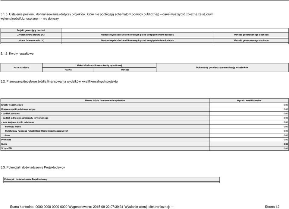 uwzględnieniem dochodu Wartość generowanego dochodu 5.1.6. Kwoty ryczałtowe Nazwa zadania Nazwa Wskaźnik dla rozliczenia kwoty ryczałtowej Wartość Dokumenty potwierdzające realizację wskaźników 5.2.