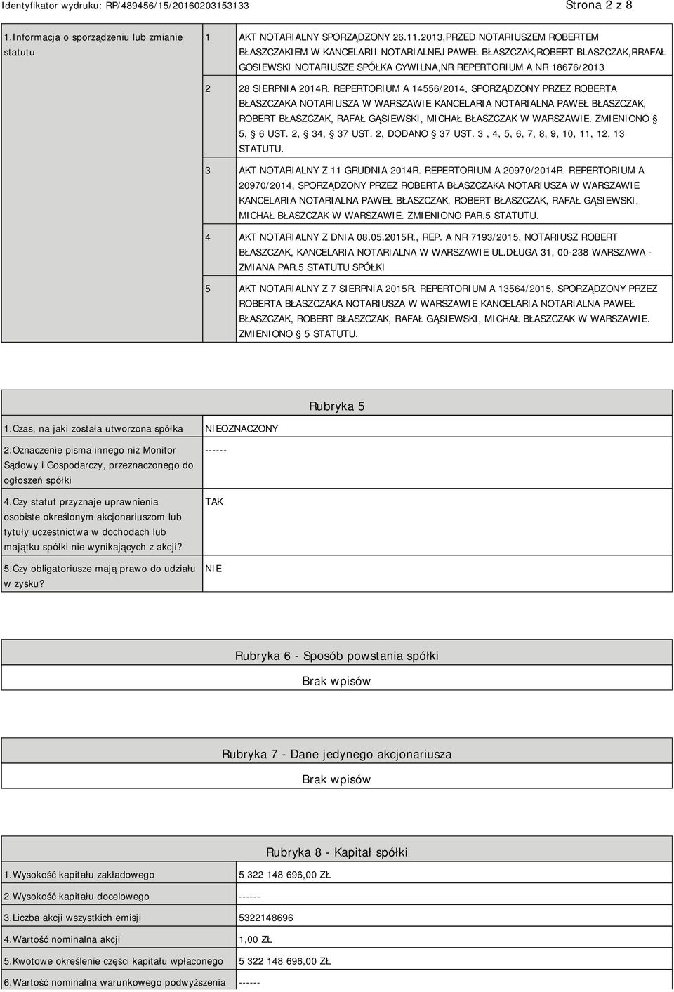 REPERTORIUM A 14556/2014, SPORZĄDZONY PRZEZ ROBERTA BŁASZCZAKA NOTARIUSZA W WARSZAWIE KANCELARIA NOTARIALNA PAWEŁ BŁASZCZAK, ROBERT BŁASZCZAK, RAFAŁ GĄSIEWSKI, MICHAŁ BŁASZCZAK W WARSZAWIE.