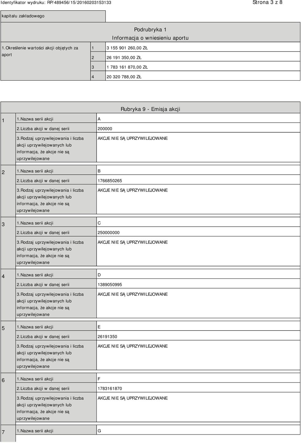 Liczba akcji w danej serii 200000 Rubryka 9 - Emisja akcji 2 1.Nazwa serii akcji B 2.Liczba akcji w danej serii 1766850265 3 1.Nazwa serii akcji C 2.