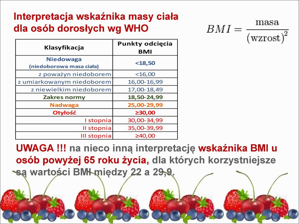 18,50-24,99 Nadwaga 25,00-29,99 Otyłość 30,00 I stopnia 30,00-34,99 II stopnia 35,00-39,99 III stopnia 40,00 UWAGA!