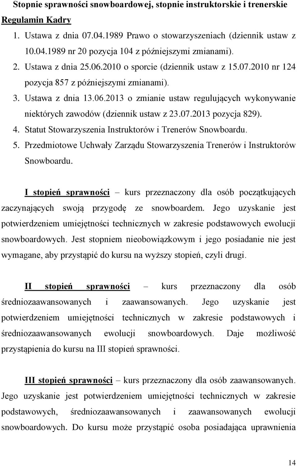 07.2013 pozycja 829). 4. Statut Stowarzyszenia Instruktorów i Trenerów Snowboardu. 5. Przedmiotowe Uchwały Zarządu Stowarzyszenia Trenerów i Instruktorów Snowboardu.