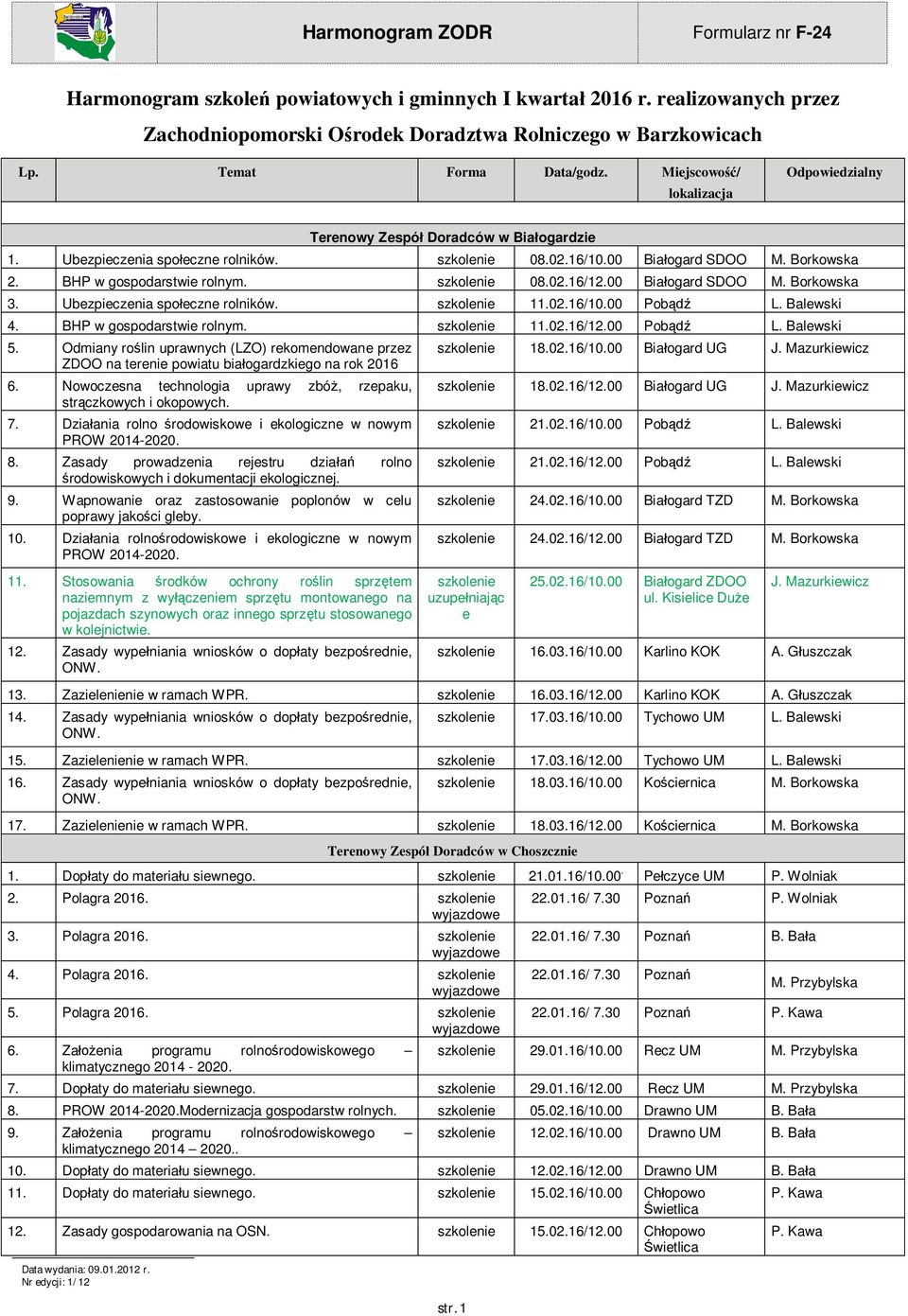 00 Bia ogard SDOO M. Borkowska 3. Ubzpicznia spo czn rolników. 11.02.16/10.00 Pob L. Balwski 4. BHP w gospodarstwi rolnym. 11.02.16/12.00 Pob L. Balwski 5.