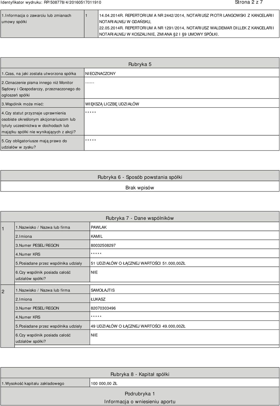 Czy statut przyznaje uprawnienia osobiste określonym akcjonariuszom lub tytuły uczestnictwa w dochodach lub majątku spółki nie wynikających z akcji? 5.