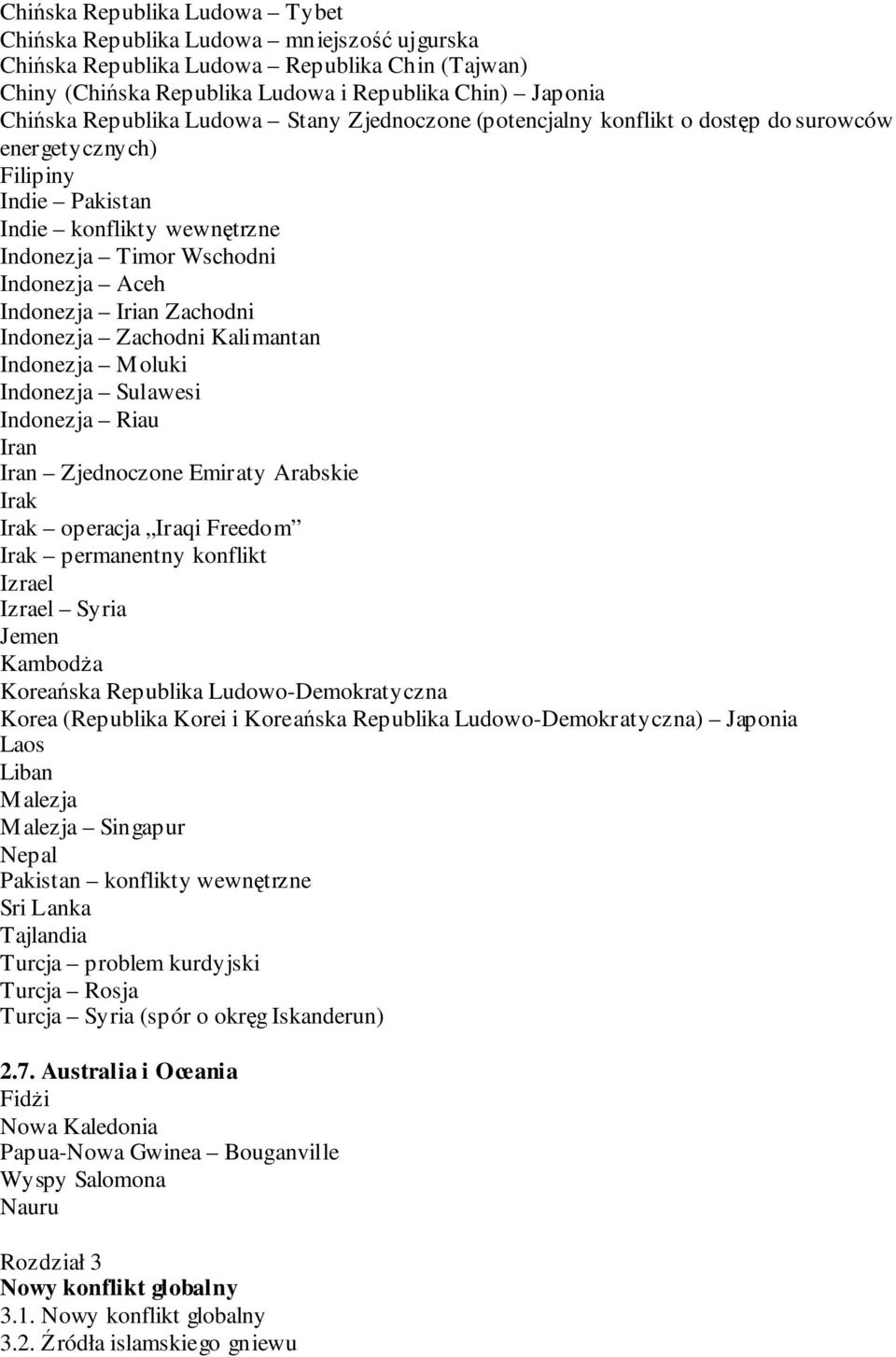 Irian Zachodni Indonezja Zachodni Kalimantan Indonezja Moluki Indonezja Sulawesi Indonezja Riau Iran Iran Zjednoczone Emiraty Arabskie Irak Irak operacja Iraqi Freedom Irak permanentny konflikt