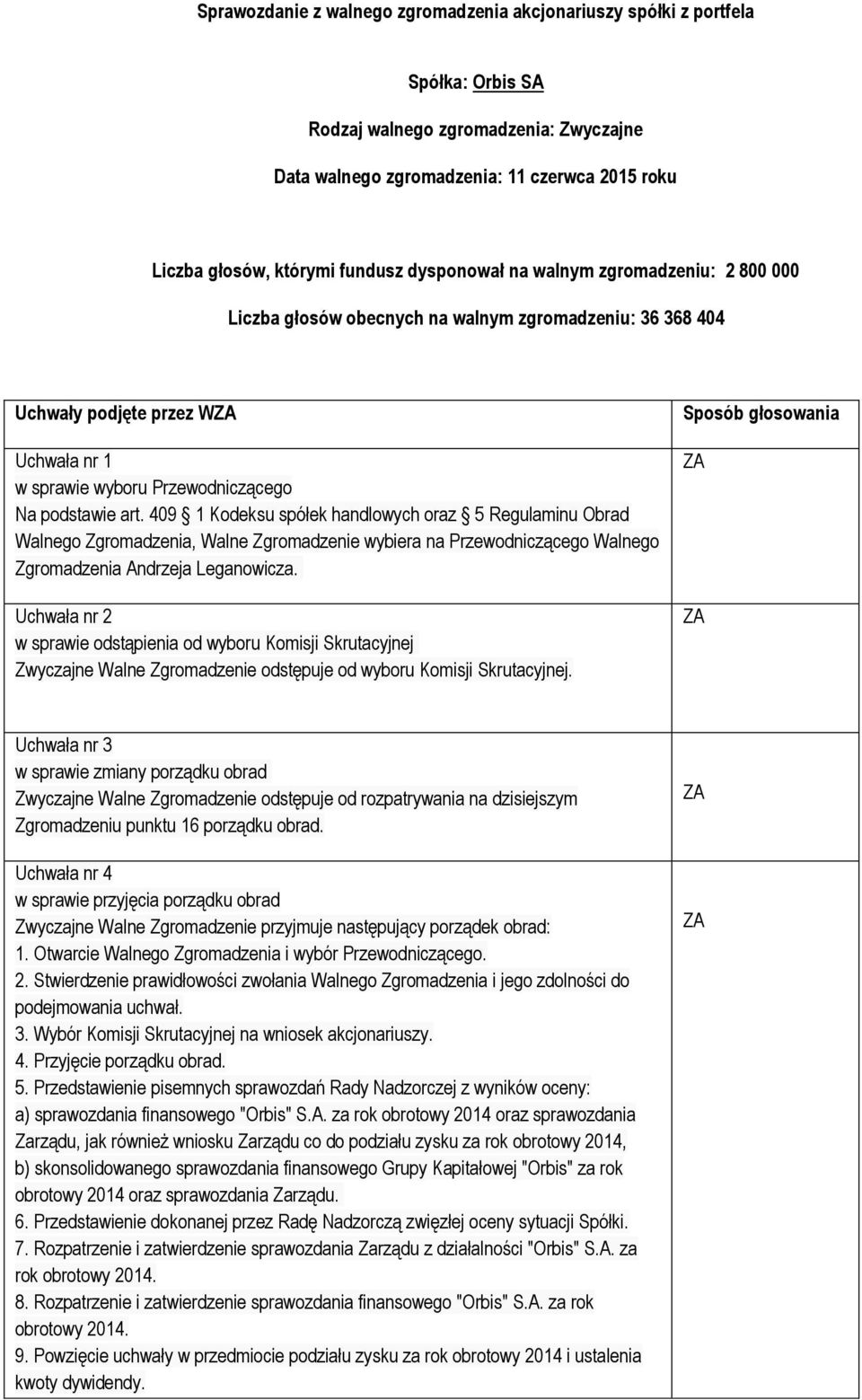 409 Kodeksu spółek handlowych oraz 5 Regulaminu Obrad Walnego Zgromadzenia, Walne Zgromadzenie wybiera na Przewodniczącego Walnego Zgromadzenia Andrzeja Leganowicza.