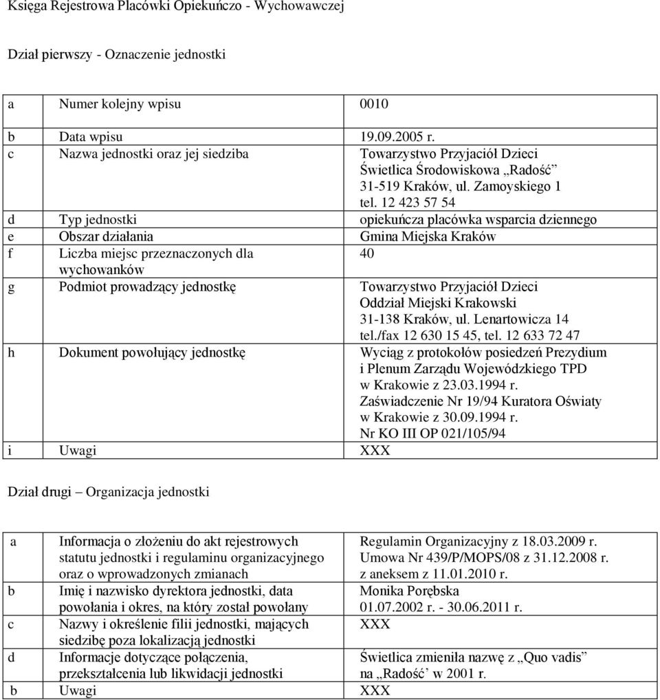 Lenrtowicz 14 tel./fx 12 630 15 45, tel. 12 633 72 47 h Dokument powołujący jednostkę Wyciąg z protokołów posiedzeń Prezydium i Plenum Zrządu Wojewódzkiego TPD w Krkowie z 23.03.1994 r.