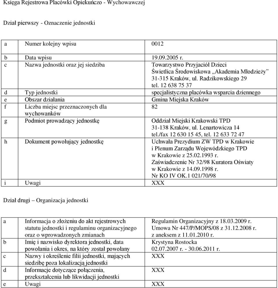 /fx 12 630 15 45, tel. 12 633 72 47 h Dokument powołujący jednostkę Uchwł Prezydium ZW TPD w Krkowie i Plenum Zrządu Wojewódzkiego TPD w Krkowie z 25.02.1993 r.