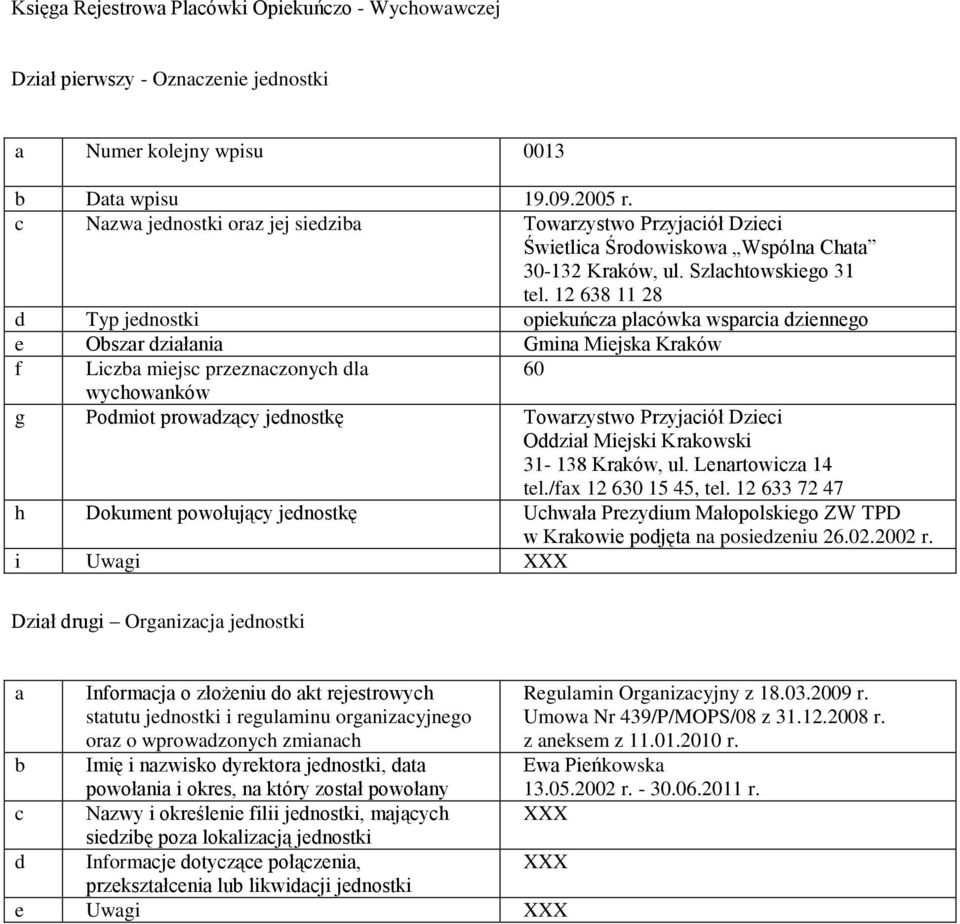 Lenrtowicz 14 tel./fx 12 630 15 45, tel. 12 633 72 47 h Dokument powołujący jednostkę Uchwł Prezydium Młopolskiego ZW TPD w Krkowie podjęt n posiedzeniu 26.02.2002 r.