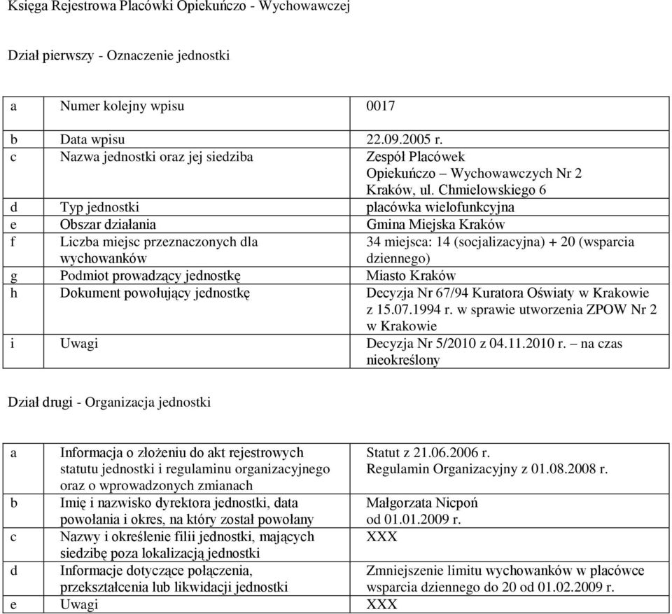 powołujący jednostkę Decyzj Nr 67/94 Kurtor Oświty w Krkowie z 15.07.1994 r. w sprwie utworzeni ZPOW Nr 2 w Krkowie i Uwgi Decyzj Nr 5/2010 z 04.11.2010 r.