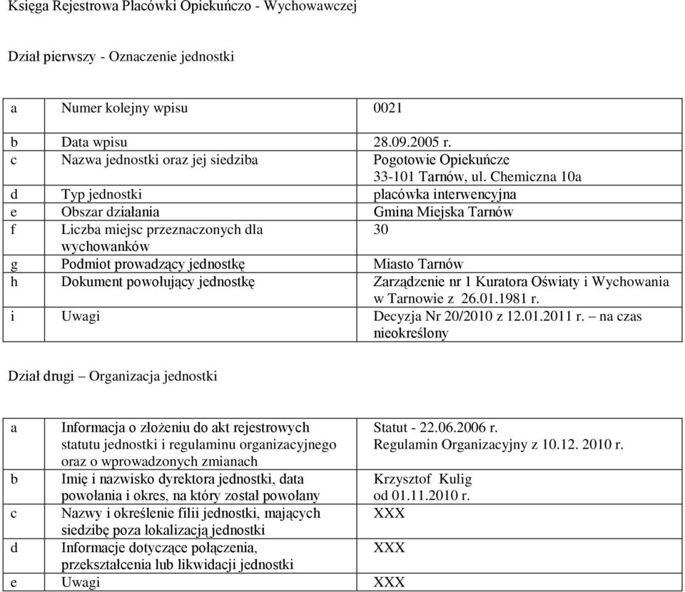 Zrządzenie nr 1 Kurtor Oświty i Wychowni w Trnowie z 26.01.1981 r. i Uwgi Decyzj Nr 20/2010 z 12.01.2011 r.