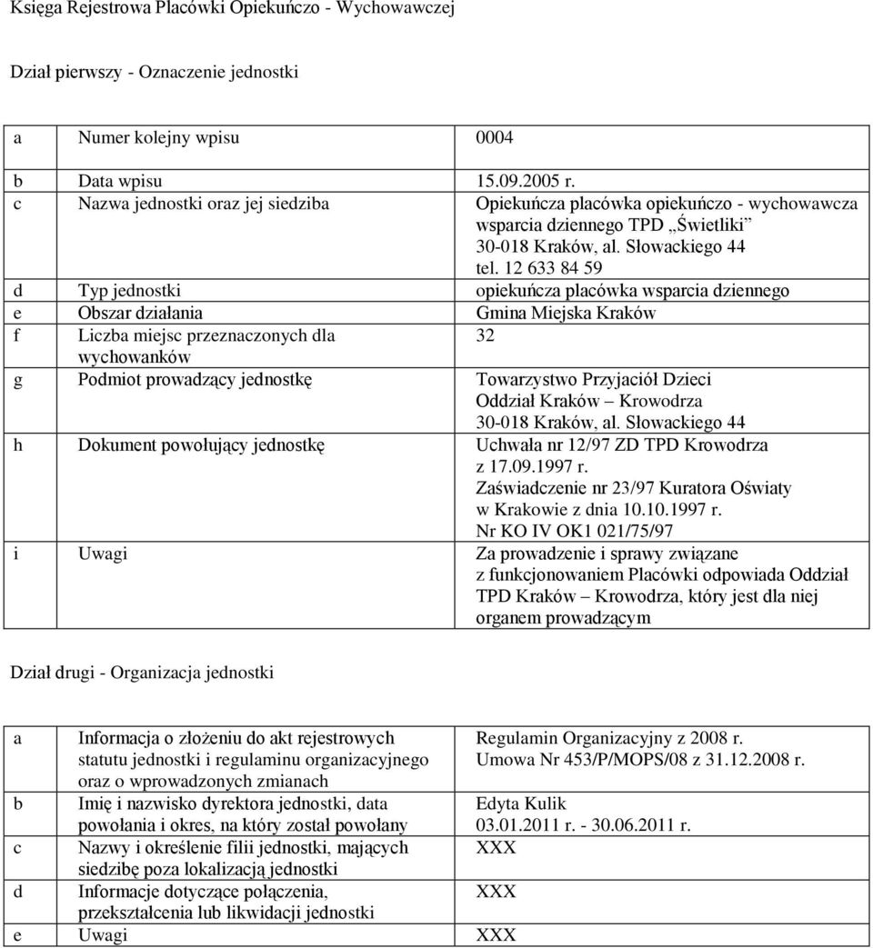 Słowckiego 44 h Dokument powołujący jednostkę Uchwł nr 12/97 ZD TPD Krowodrz z 17.09.1997 r.