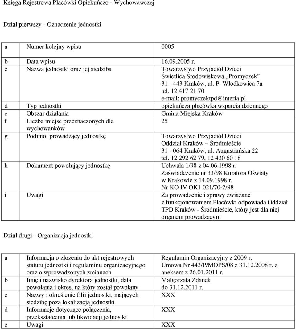 pl d Typ jednostki opiekuńcz plcówk wsprci dziennego e Oszr dziłni Gmin Miejsk Krków 25 g Podmiot prowdzący jednostkę Towrzystwo Przyjciół Dzieci Oddził Krków Śródmieście 31-064 Krków, ul.