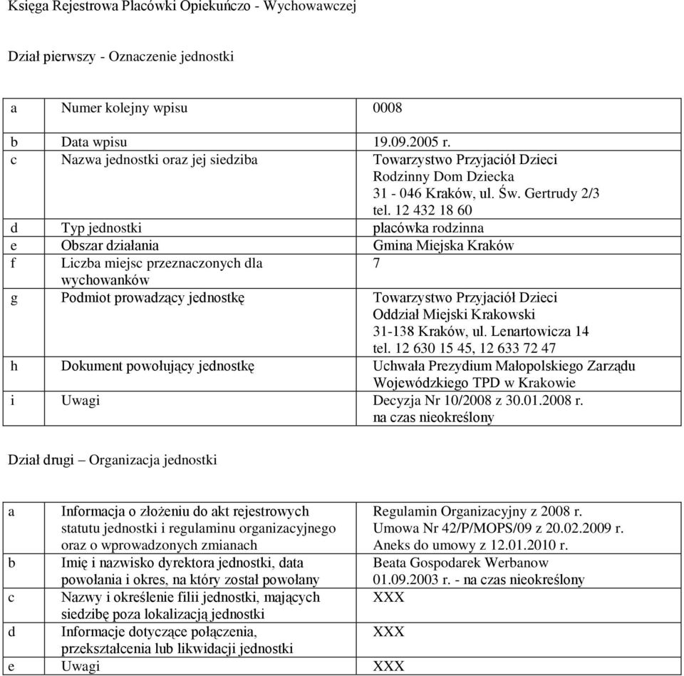 12 630 15 45, 12 633 72 47 h Dokument powołujący jednostkę Uchwł Prezydium Młopolskiego Zrządu Wojewódzkiego TPD w Krkowie i Uwgi Decyzj Nr 10/2008 z 30.01.2008 r.