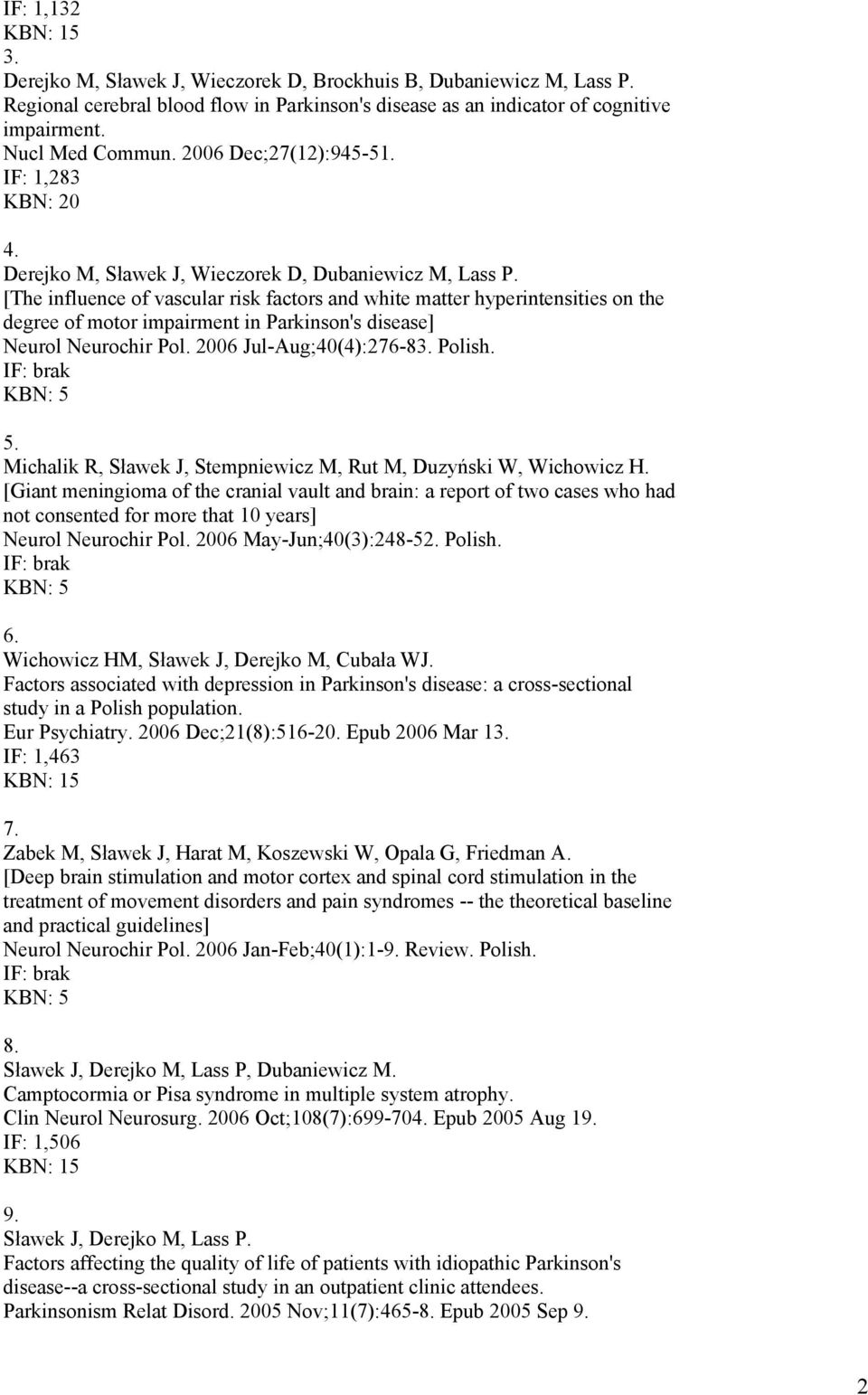 [The influence of vascular risk factors and white matter hyperintensities on the degree of motor impairment in Parkinson's disease] Neurol Neurochir Pol. 2006 Jul-Aug;40(4):276-83. Polish. 5.