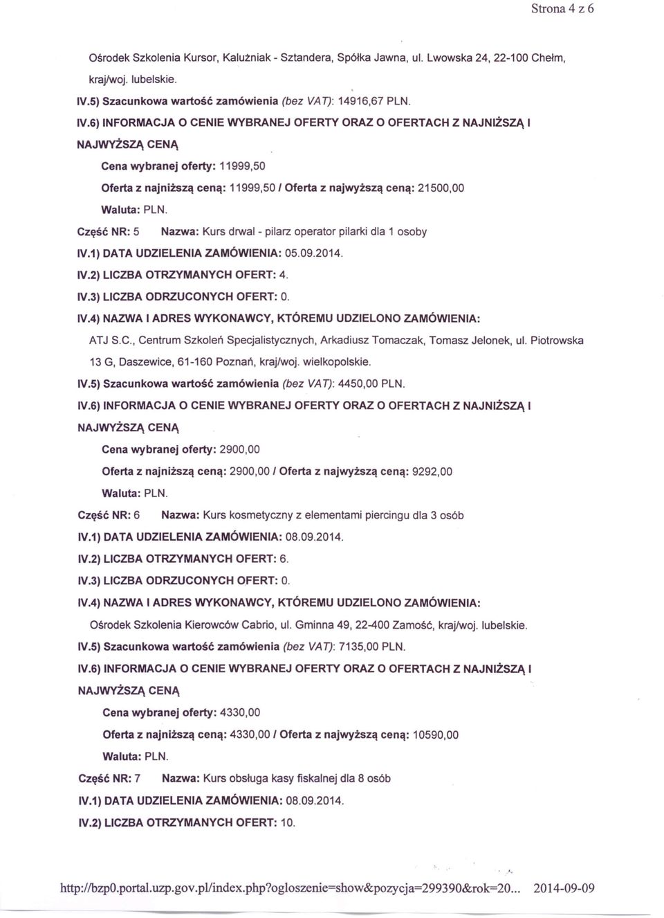 1) DATA UDZIELENIA ZAMÓWIENIA: 05.09.2014. IV.2) LICZBA OTRZYMANYCH OFERT: 4. ATJ S.C., Centrum Szkoleń Specjalistycznych, Arkadiusz Tomaczak, Tomasz Jelonek, ul.