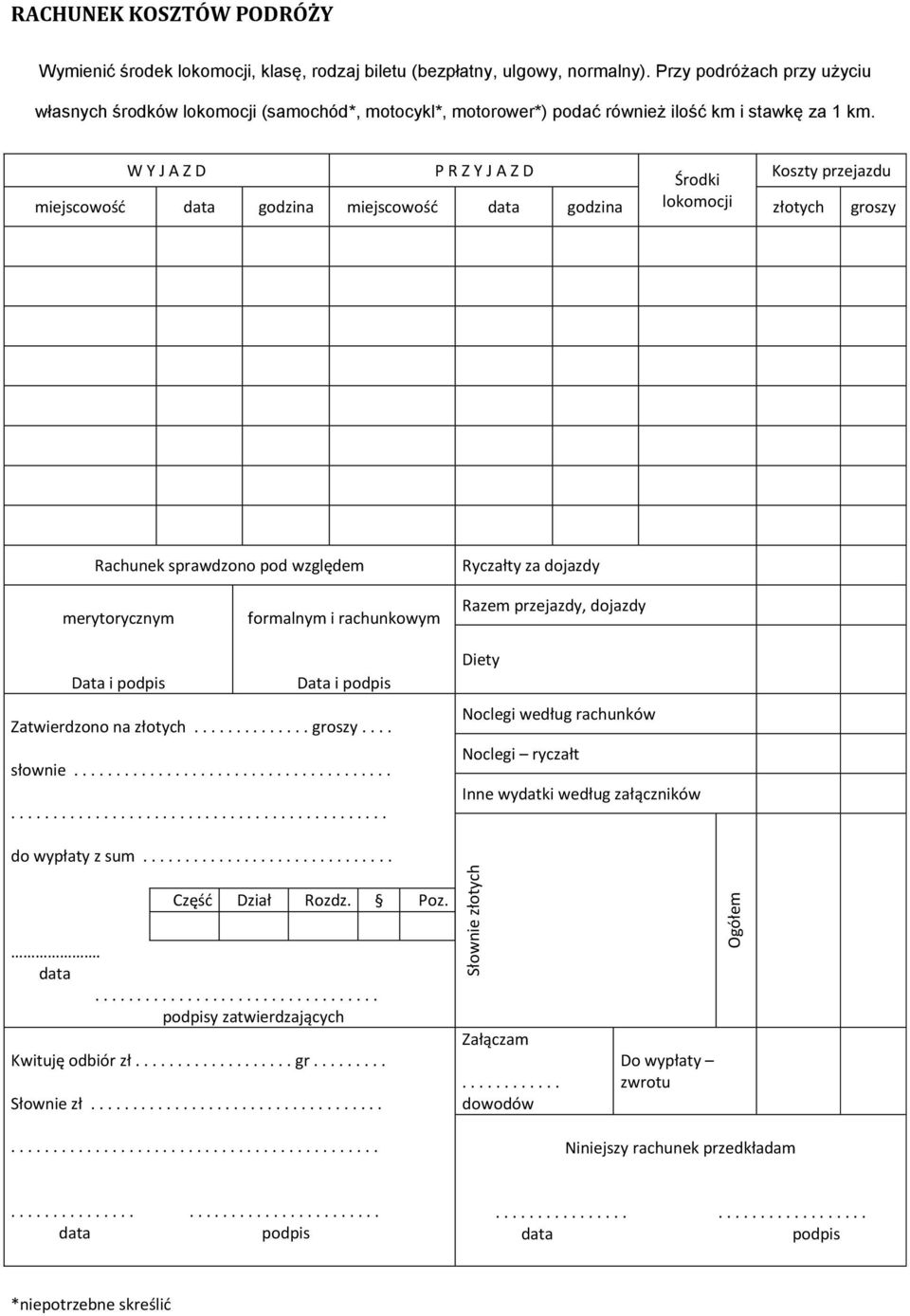 W Y J A Z D P R Z Y J A Z D Koszty przejazdu Środki miejscowość data godzina miejscowość data godzina lokomocji złotych groszy Rachunek sprawdzono pod względem Ryczałty za dojazdy merytorycznym