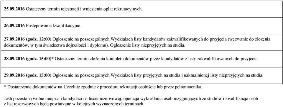 Ogłoszenie listy nieprzyjętych na studia. 28.09.2016 (godz. 15:00)* Ostateczny termin złożenia kompletu dokumentów przez kandydatów z listy zakwalifikowanych do 29.09.2016 (godz. 15:00) Ogłoszenie na poszczególnych Wydziałach listy przyjętych na studia i uaktualnionej listy nieprzyjętych na studia.