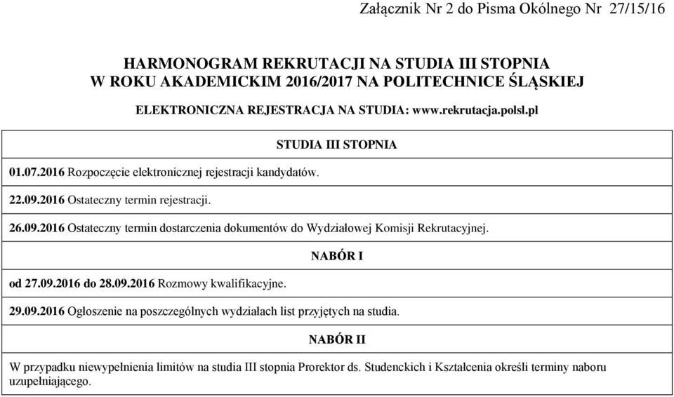 2016 Ostateczny termin rejestracji. STUDIA III STOPNIA 26.09.2016 Ostateczny termin dostarczenia dokumentów do Wydziałowej Komisji Rekrutacyjnej. od 27.09.2016 do 28.09.2016 Rozmowy kwalifikacyjne.