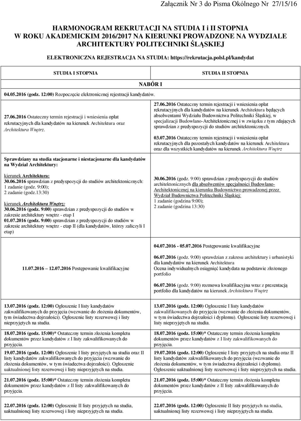 2016 Ostateczny termin rejestracji i wniesienia opłat rekrutacyjnych dla kandydatów na kierunek Architektura oraz Architektura Wnętrz. 27.06.