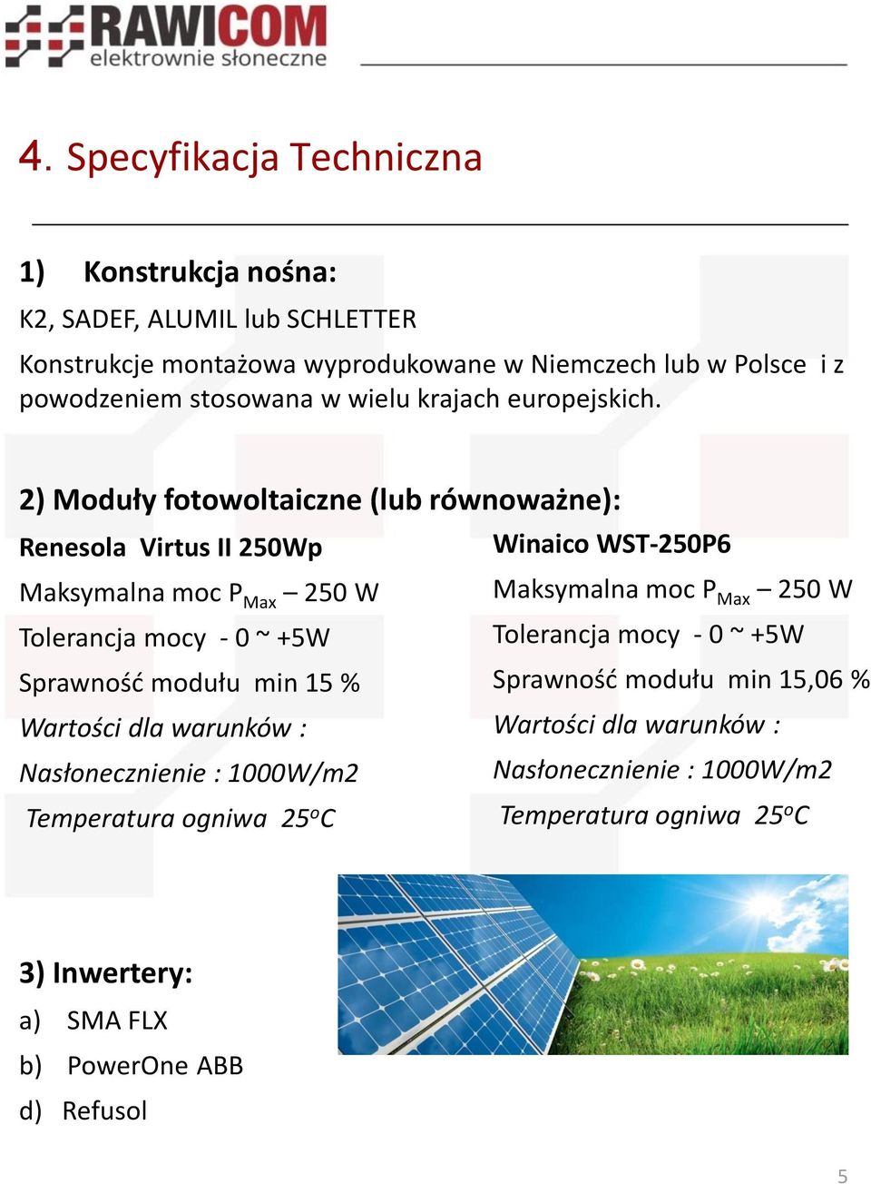 2) Moduły fotowoltaiczne (lub równoważne): Renesola Virtus II 250Wp Winaico WST-250P6 Maksymalna moc P Max 250 W Maksymalna moc P Max 250 W Tolerancja mocy - 0 ~