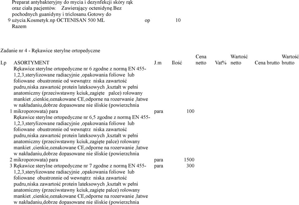 m Ilość Rękawice sterylne ortopedyczne nr 6 zgodne z normą EN 455-1,2,3,sterylizowane radiacyjnie,opakowania foliowe lub foliowane obustronnie od wewnątrz niska zawartość pudru,niska zawartość