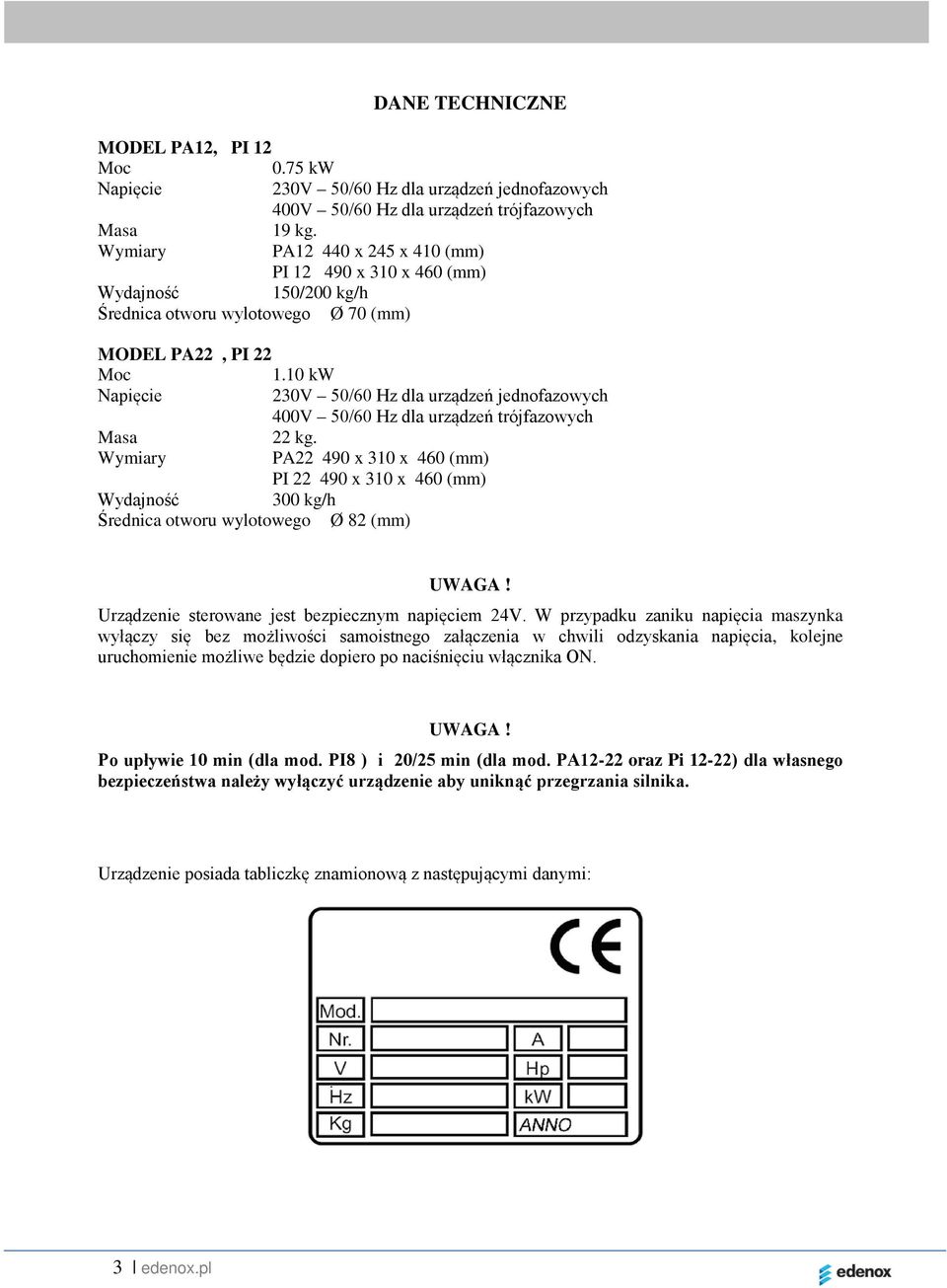 10 kw Napięcie 230V 50/60 Hz dla urządzeń jednofazowych 400V 50/60 Hz dla urządzeń trójfazowych Masa 22 kg.