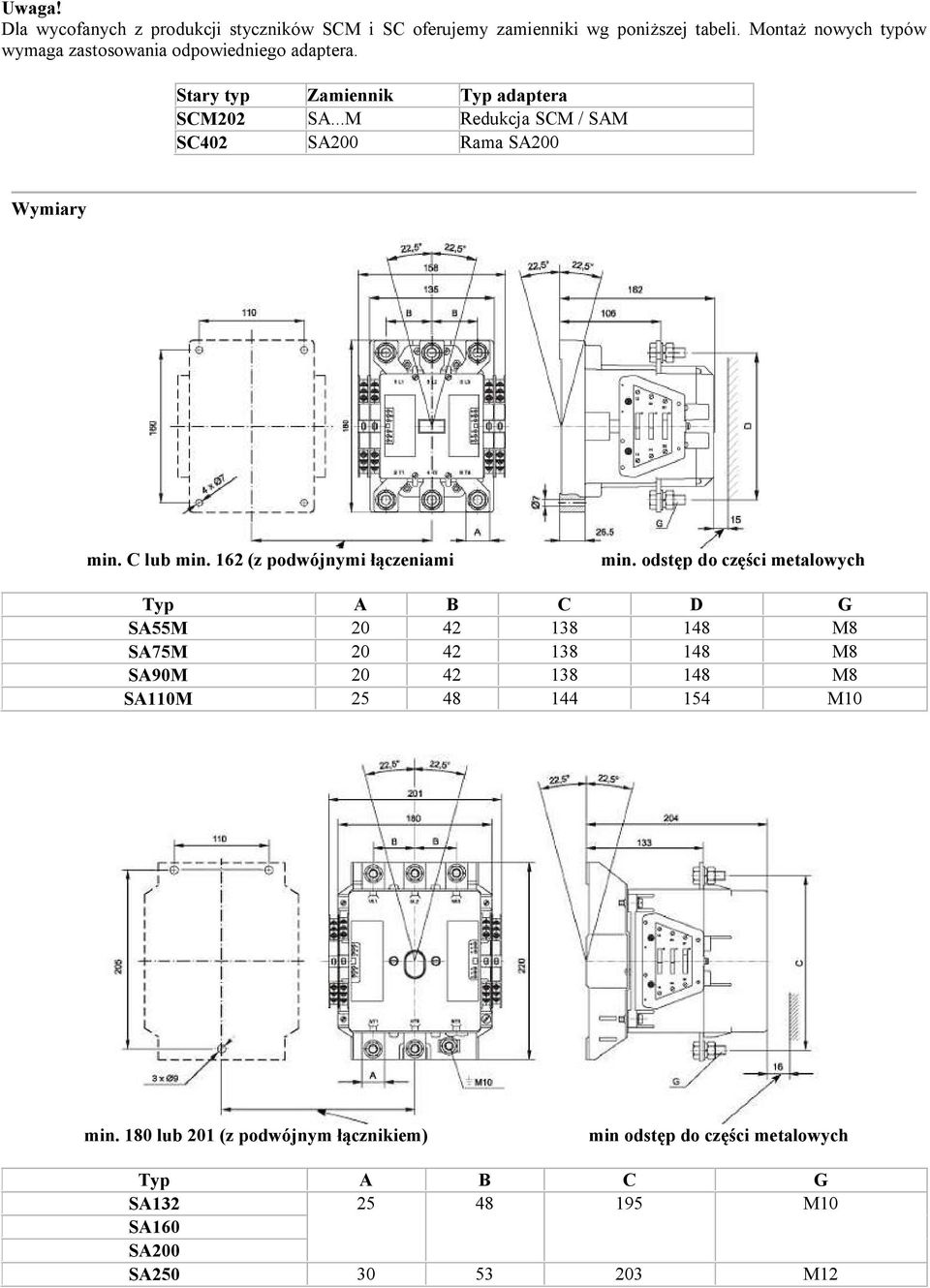 ..M Redukcja SCM / SAM SC402 SA200 Rama SA200 Wymiary min. C lub min. 162 (z podwójnymi łączeniami min.