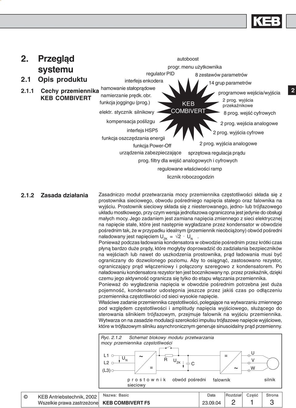 stycznik silnikowy KEB COMBIVERT 2 prog. wyjścia przekaźnikowe 8 prog. wejść cyfrowych kompensacja poślizgu 2 prog. wejścia analogowe interfejs HSP5 2 prog.