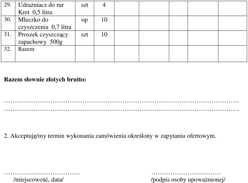 Razem szt 4 op 10 szt 10 Razem słownie złotych brutto: 2.