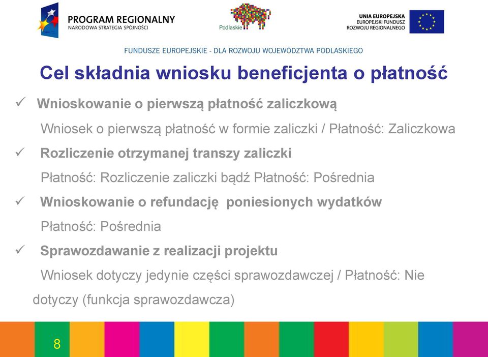 zaliczki bądź Płatność: Pośrednia Wnioskowanie o refundację poniesionych wydatków Płatność: Pośrednia