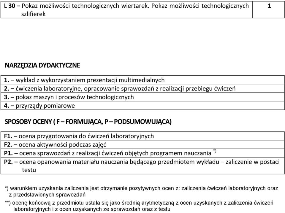 ocena przygotowania do ćwiczeń laboratoryjnych F2. ocena aktywności podczas zajęć P. ocena sprawozdań z realizacji ćwiczeń objętych programem nauczania *) P2.