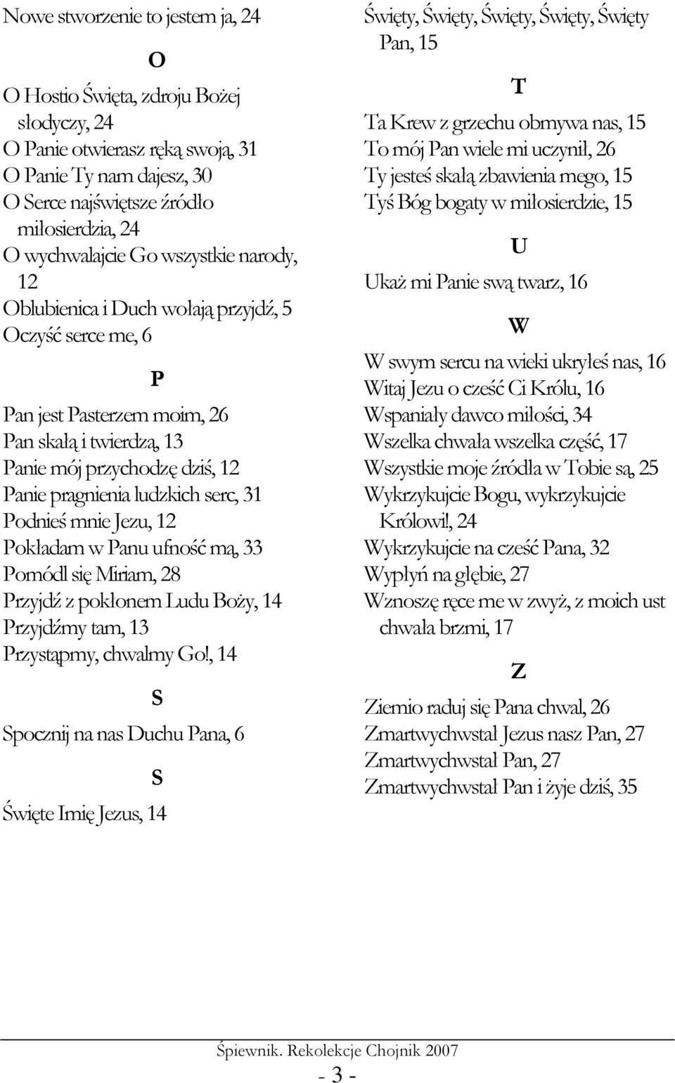 Podnieś mnie Jezu, 12 Pokładam w Panu ufność mą, 33 Pomódl się Miriam, 28 Przyjdź z pokłonem Ludu BoŜy, 14 Przyjdźmy tam, 13 Przystąpmy, chwalmy Go!