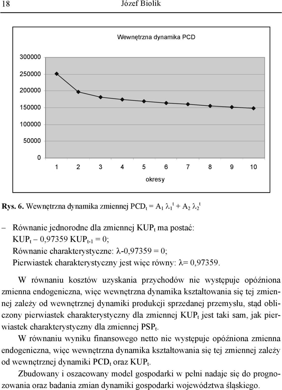 Wewnętrzna dynamika zmienne PCD t = A 1 λ 1 t + A 2 λ 2 t Równanie ednorodne dla zmienne KUP t ma postać: KUP t 0,97359 KUP t-1 = 0; Równanie charakterystyczne: λ-0,97359 = 0; Pierwiastek