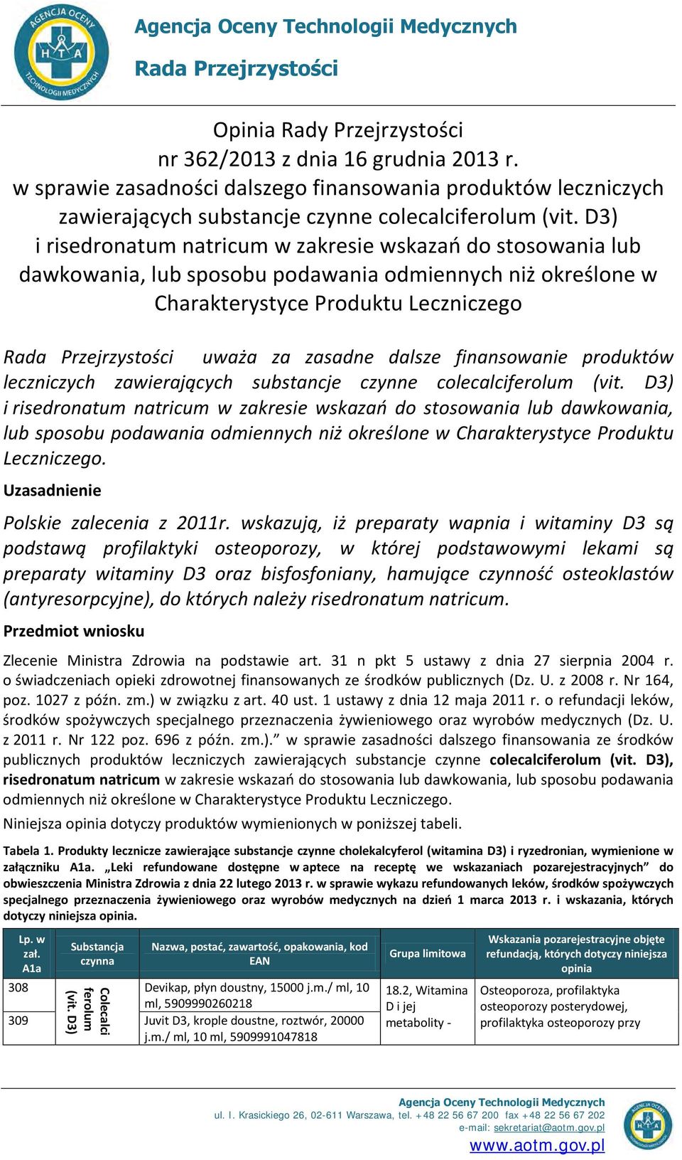 D3) i risedronatum natricum w zakresie wskazań do stosowania lub dawkowania, lub sposobu podawania odmiennych niż określone w Charakterystyce Produktu Leczniczego Rada Przejrzystości uważa za zasadne