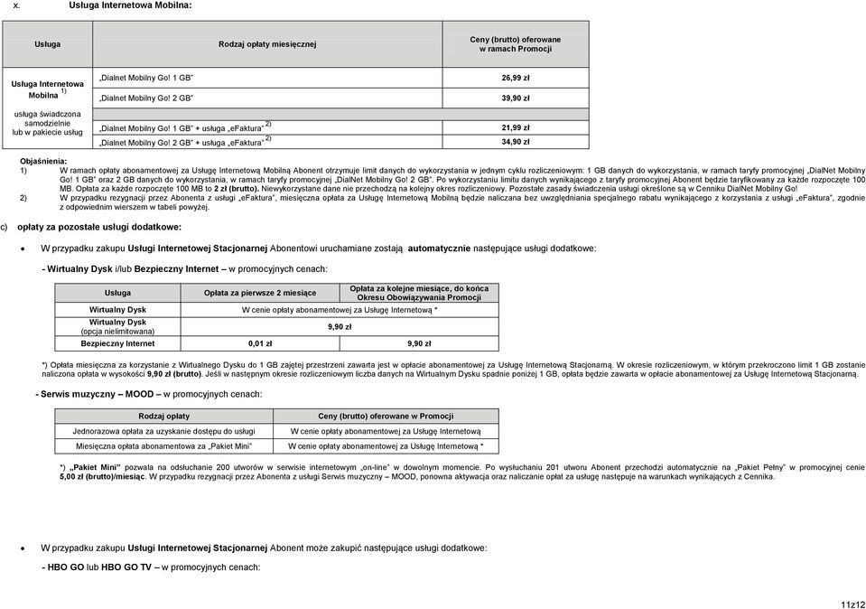 2 GB + usługa efaktura 2) 26,99 zł 39,90 zł 21,99 zł 34,90 zł 1) W ramach opłaty abonamentowej za Usługę Internetową Mobilną Abonent otrzymuje limit danych do wykorzystania w jednym cyklu