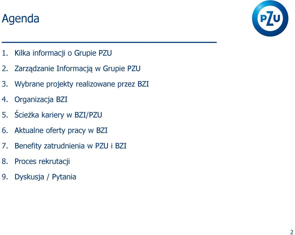 Wybrane projekty realizowane przez BZI 4. Organizacja BZI 5.