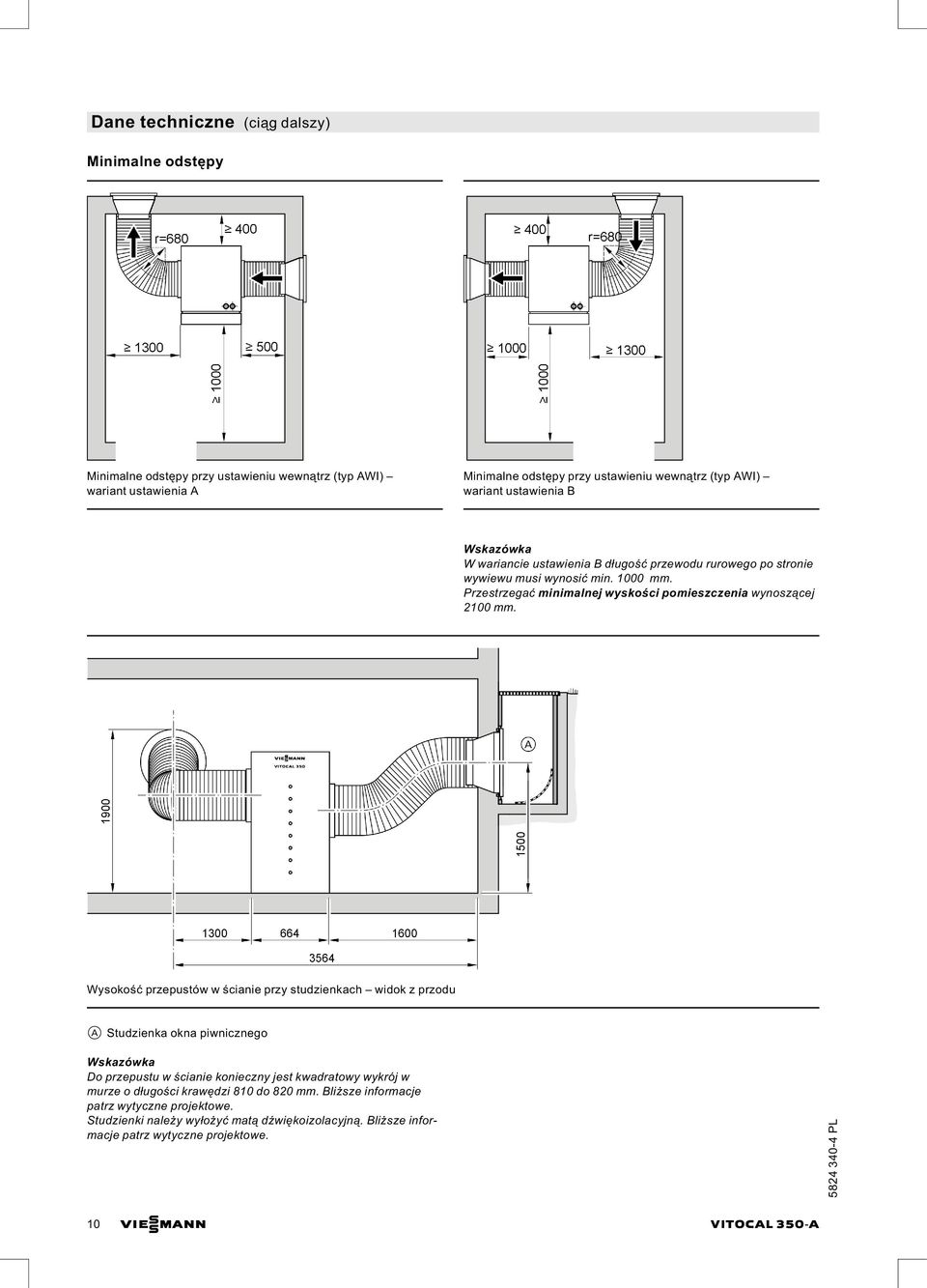 Przestrzegać minimalnej wyskości pomieszczenia wynoszącej 2100 mm.