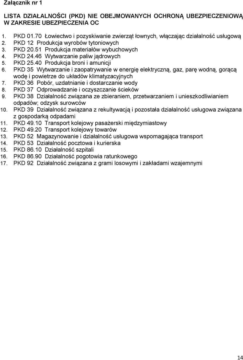 PKD 35 Wytwarzanie i zaopatrywanie w energię elektryczną, gaz, parę wodną, gorącą wodę i powietrze do układów klimatyzacyjnych 7. PKD 36 Pobór, uzdatnianie i dostarczanie wody 8.