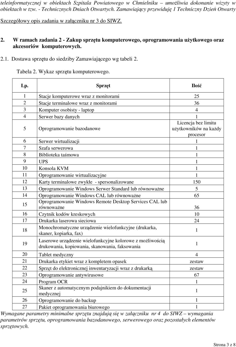 W ramach zadania 2 - Zakup sprzętu komputerowego, oprogramowania użytkowego oraz akcesoriów komputerowych. 2.1. Dostawa sprzętu do siedziby Zamawiającego wg tabeli 2. Tabela 2.