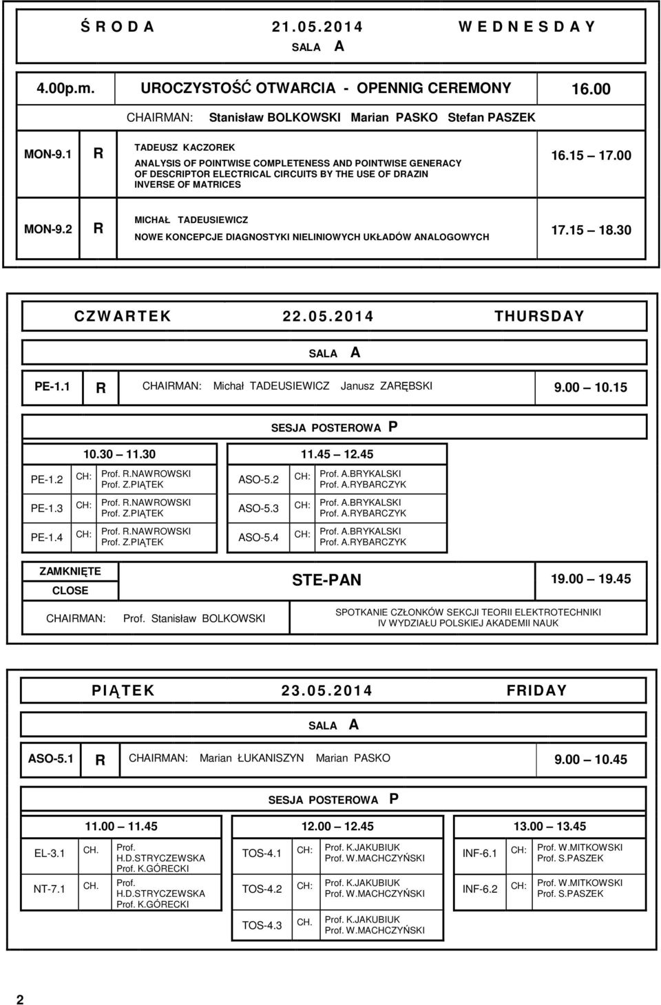 2 R MICHAŁ TADEUSIEWICZ NOWE KONCECJE DIAGNOSTYKI NIELINIOWYCH UKŁADÓW ANALOGOWYCH 17.15 18.30 C Z W AR T E K 2 2. 0 5. 2 0 1 4 THURSDAY SALA A E-1.1 R CHAIRMAN: Michał TADEUSIEWICZ Janusz ZARĘBSKI 9.