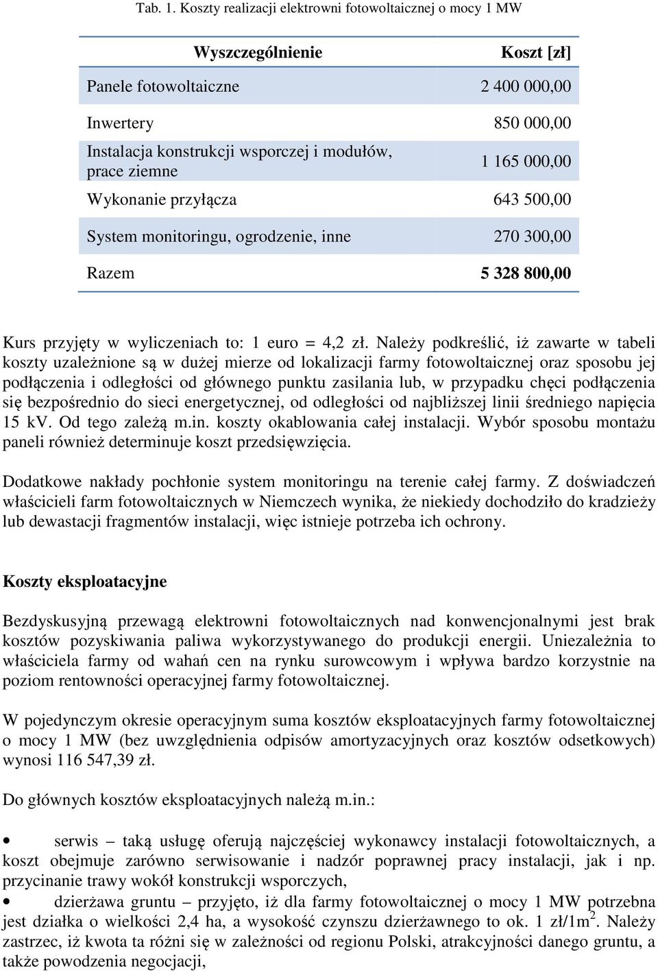 Wykonanie przyłącza 643 500,00 System monitoringu, ogrodzenie, inne 270 300,00 Razem 5 328 800,00 Kurs przyjęty w wyliczeniach to: 1 euro = 4,2 zł.