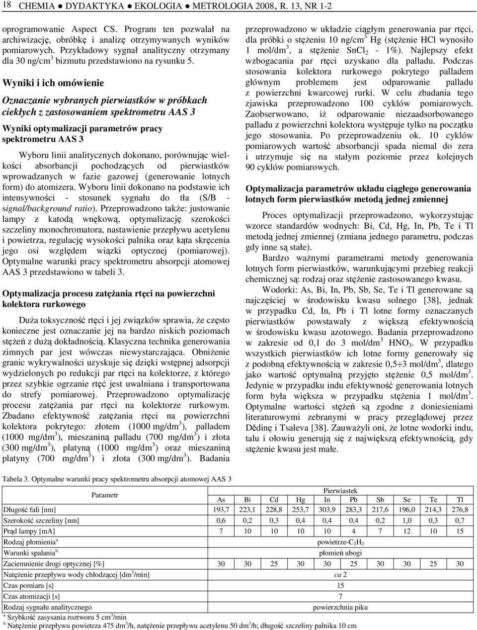 Wyniki i ich omówienie Oznaczanie wybranych pierwiastków w próbkach ciekłych z zastosowaniem spektrometru AAS 3 Wyniki optymalizacji parametrów pracy spektrometru AAS 3 Wyboru linii analitycznych