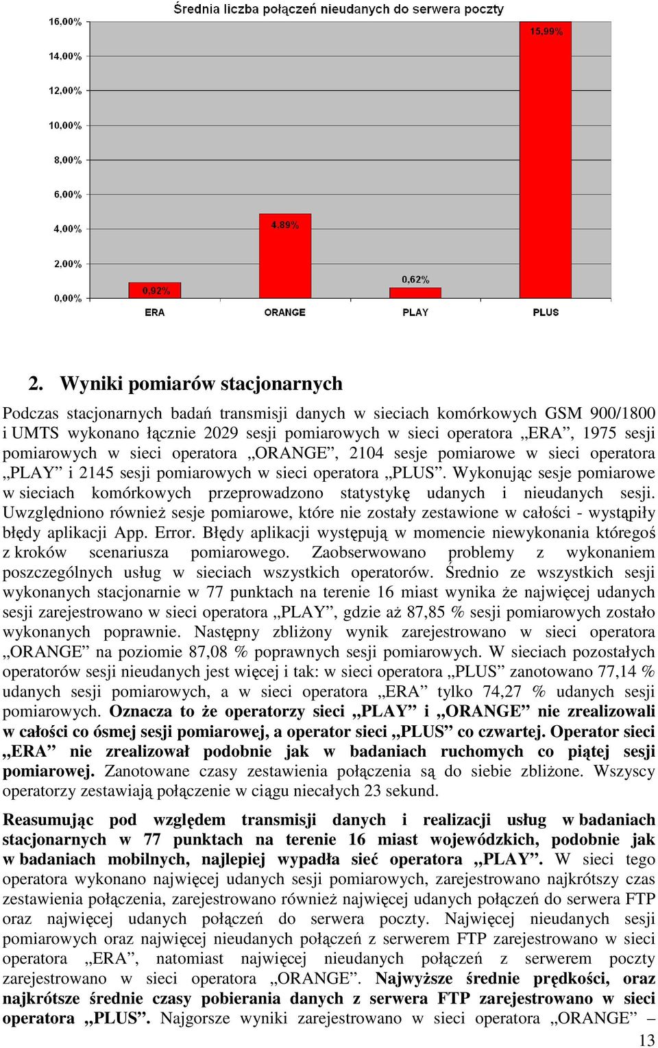 Wykonując sesje pomiarowe w sieciach komórkowych przeprowadzono statystykę udanych i nieudanych sesji.